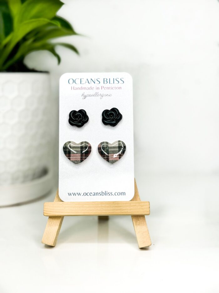 Valentine Plaid Heart & Black Rose Stud Set